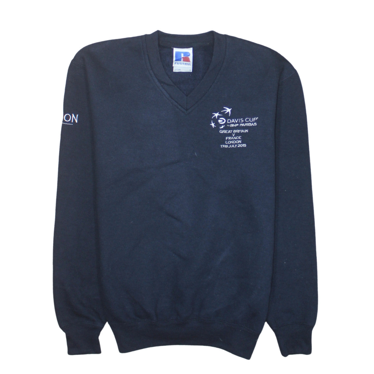 Russell Men's Black V-Neck Pullover Sweatshirt S Embroidered Davis Cup Logo