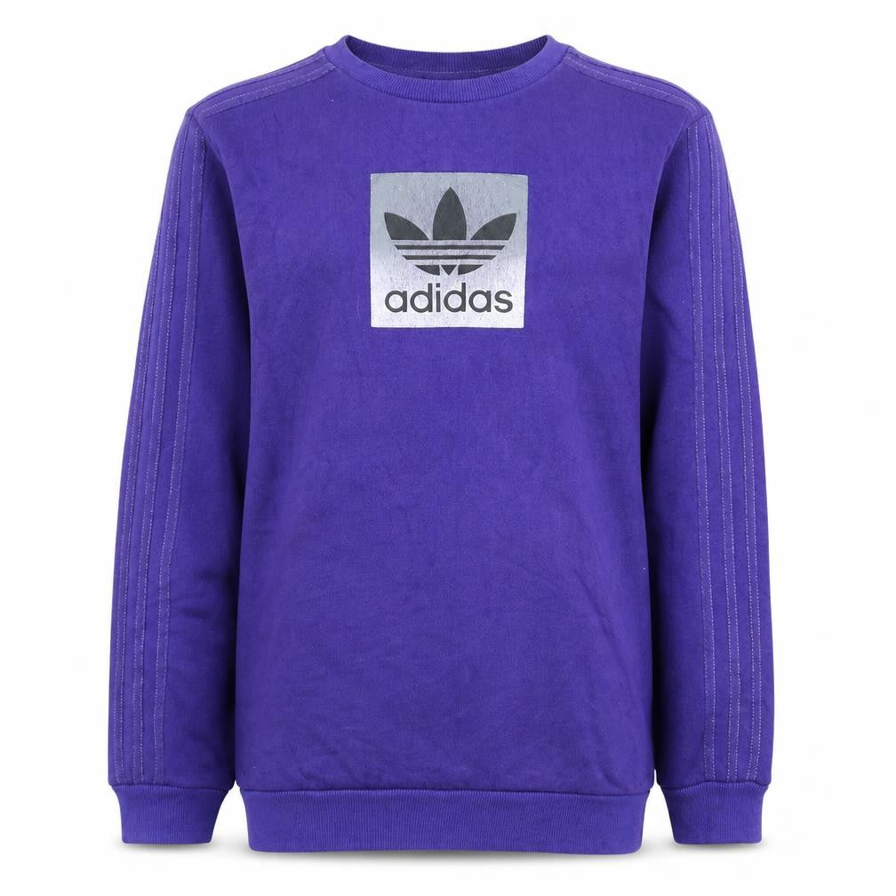 Front view of Adidas boys’ purple crew neck sweatshirt xl 15-16 years pullover logo style