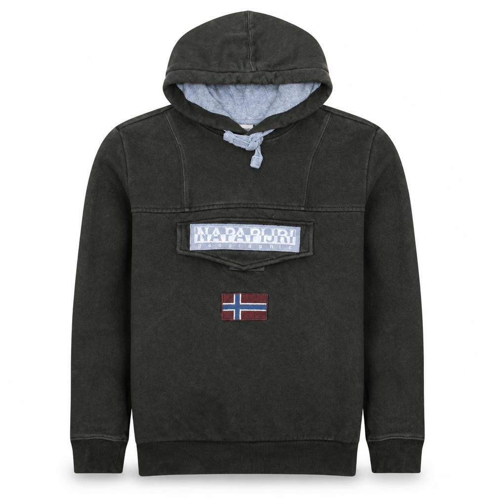Napapijri Men's Grey Pullover Hoodie M Embroidered Logo Flag Design