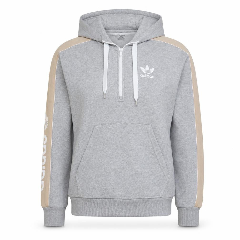 Front view of Adidas Women Grey Beige 1/2 Zip Hooded Sweatshirt, size XS, UK 6