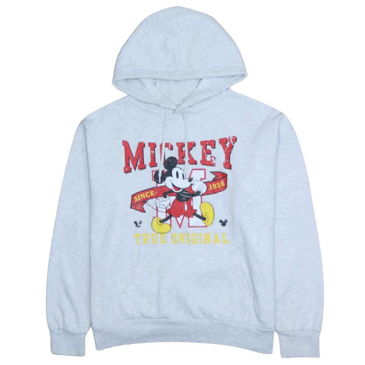 Front view of Disney Women's Grey Mickey Mouse Pullover Hoodie, size 10/12