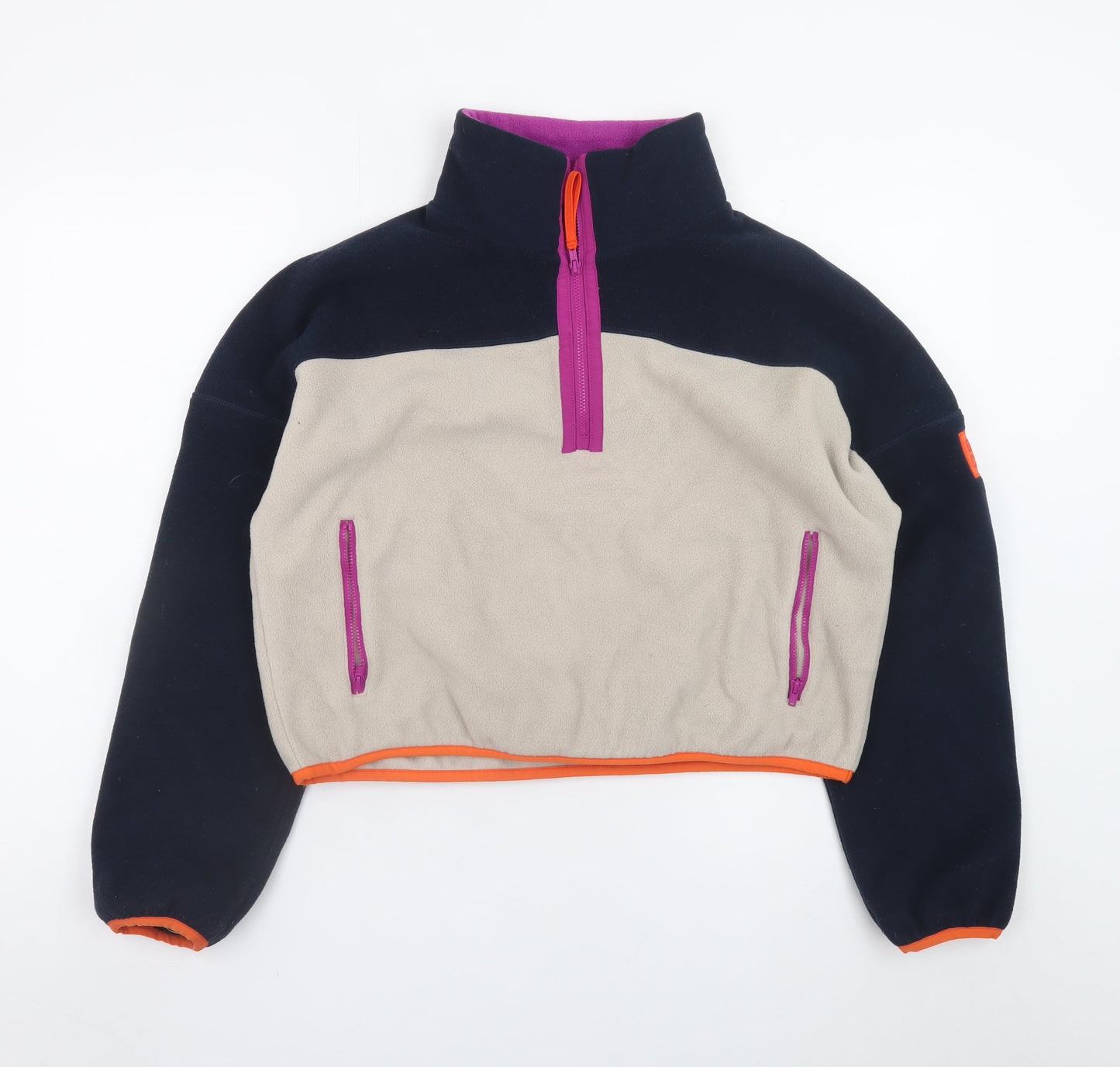 Gym+Coffee Women's Beige & Navy Fleece 1/2 Zip Pullover Sweatshirt M