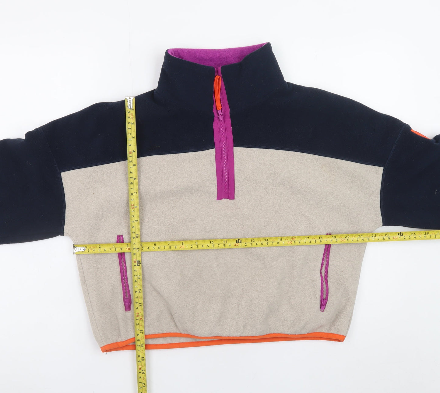 Gym+Coffee Women's Beige & Navy Fleece 1/2 Zip Pullover Sweatshirt M