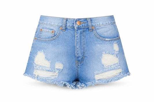 Front view of Denim Co. women’s blue, size UK 10, cut-off distressed denim shorts