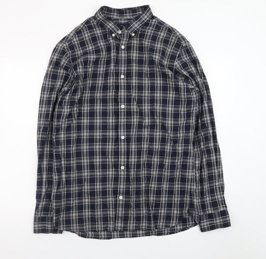 Jack & Jones Men’s Blue Check Cotton Long Sleeve Button-Up Shirt XL