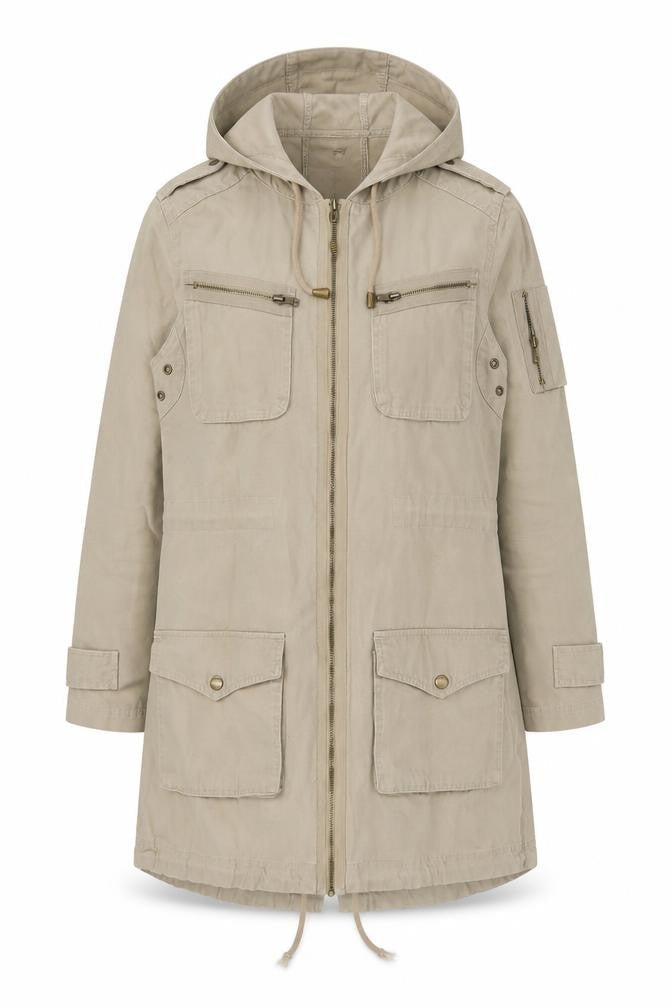 VILA Women’s Beige Cotton Hooded Parka Jacket UK 10