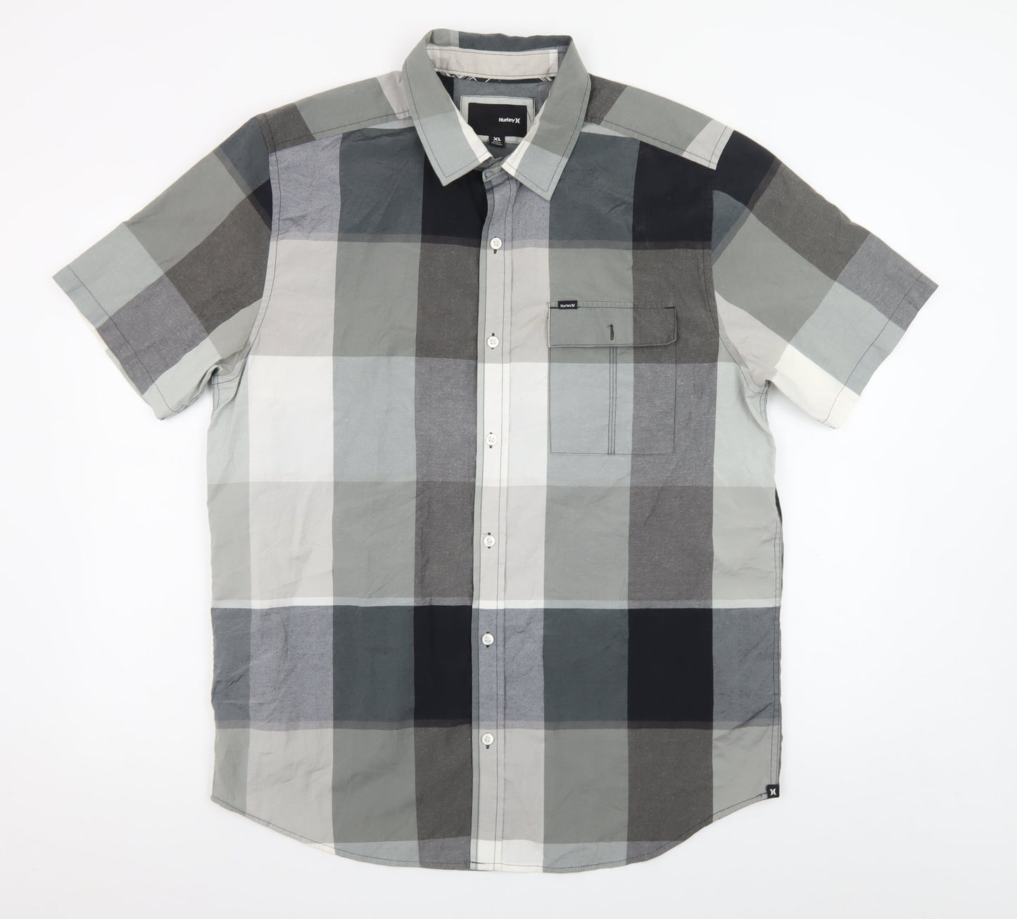 Hurley Men's Grey Check Short Sleeve Button-Up Shirt XL