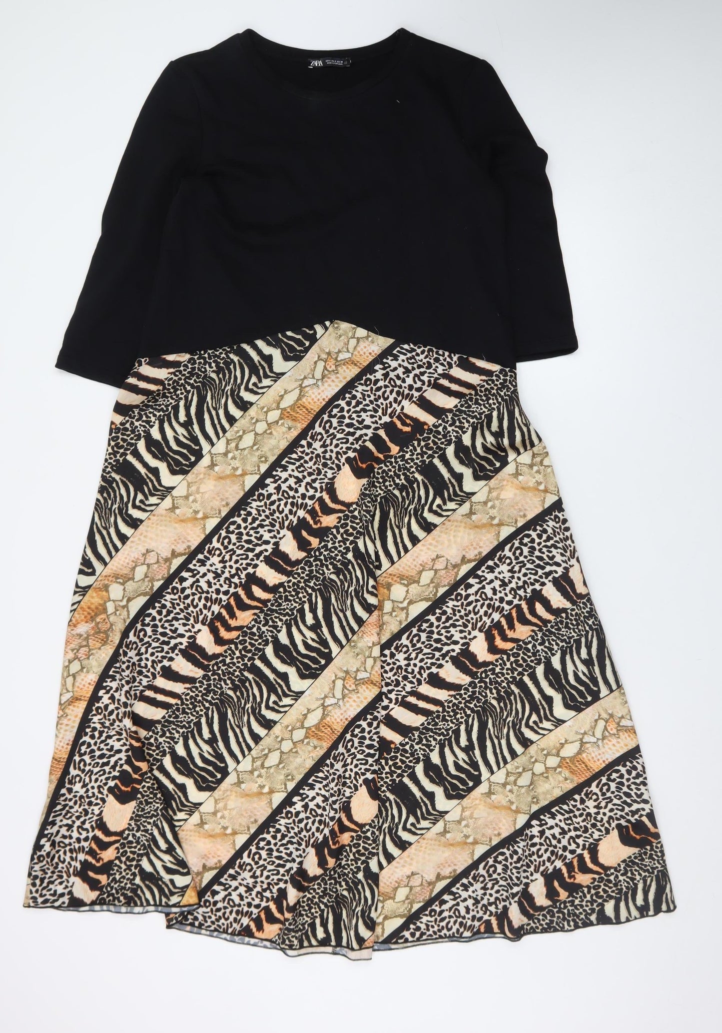 Zara Women Black & Animal Print A-Line Midi Dress Size S