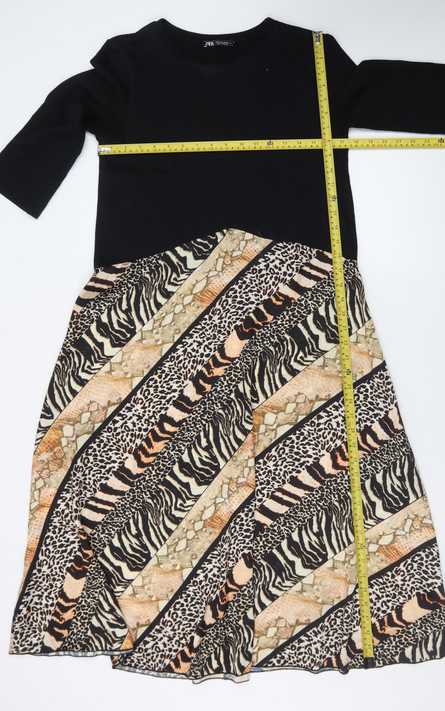 Zara Women Black & Animal Print A-Line Midi Dress Size S