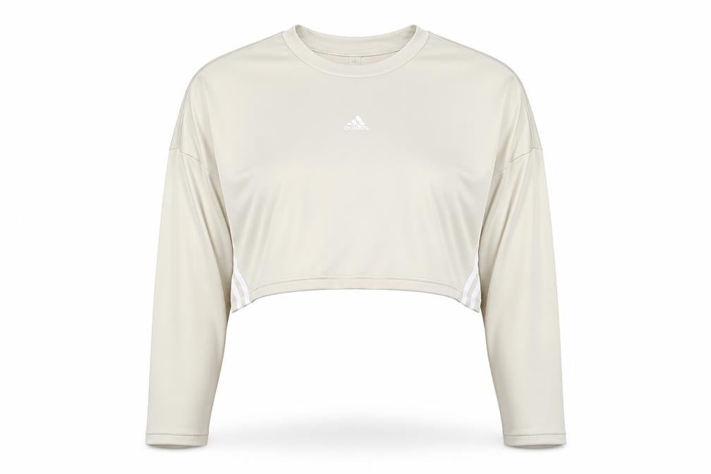 Front view of Adidas Women Beige Cropped Long Sleeve Sports T-Shirt, size S