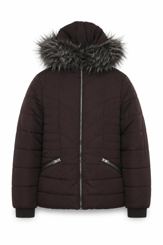 Front view of New Look 915 girls’ brown faux fur hooded puffer jacket age 12-13 years