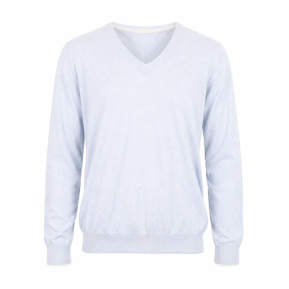 Front view of Crew Clothing Men's Blue V-Neck Cotton Cashmere Jumper, size M