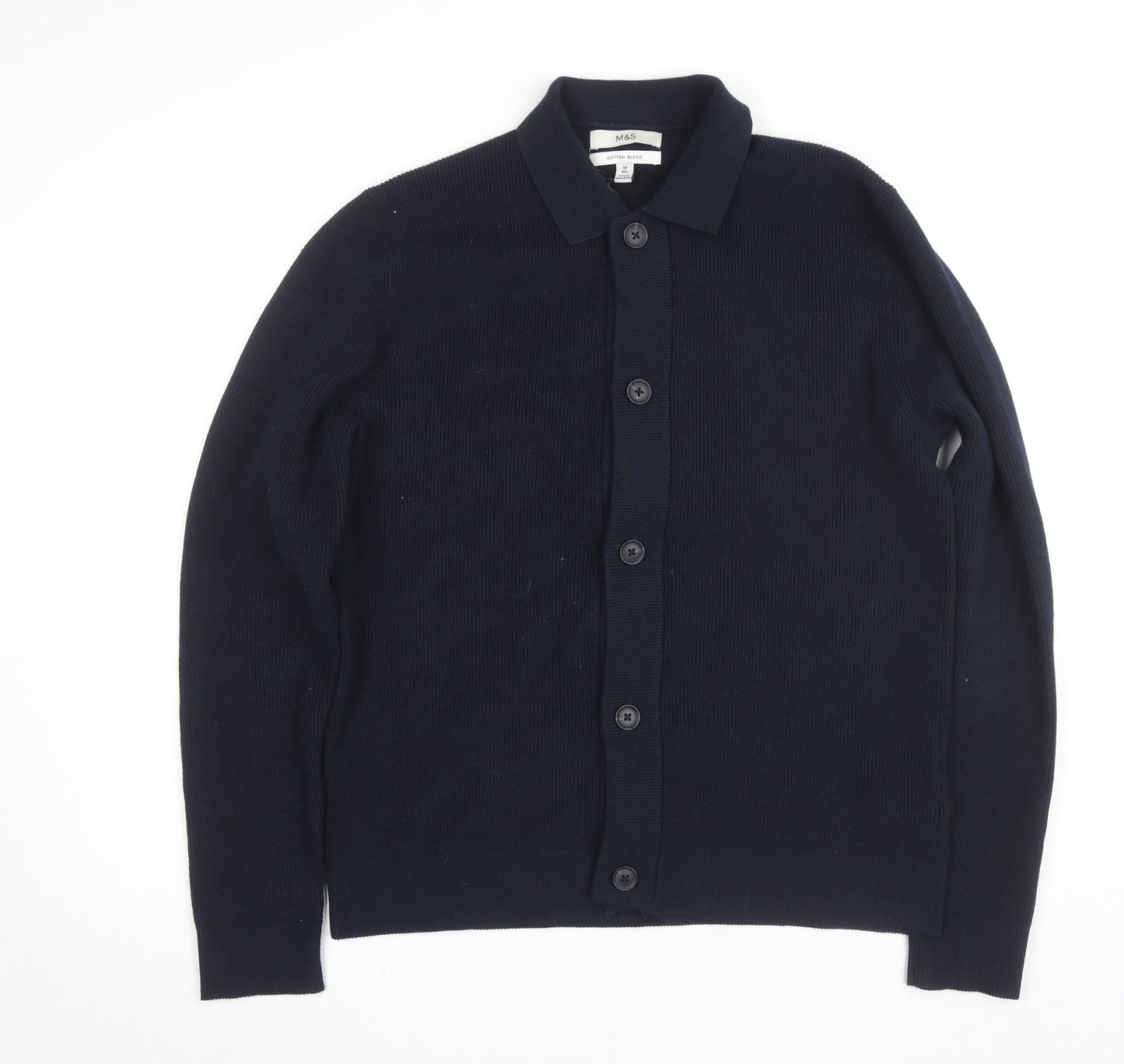 Marks and Spencer Men's Blue Collared Cotton Blend Cardigan M