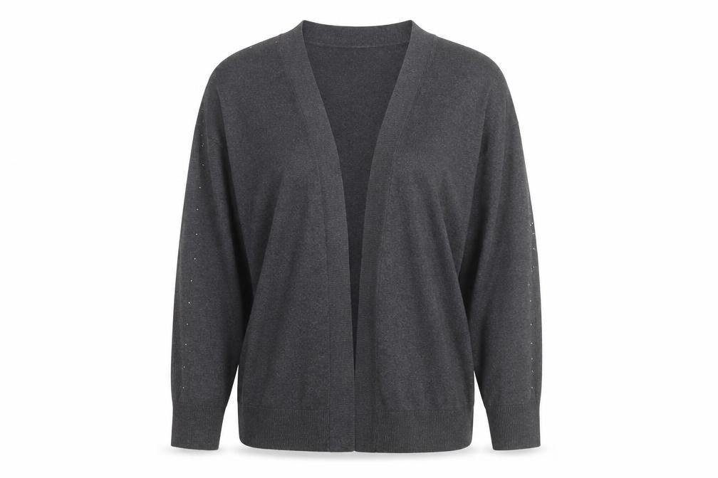 Monsoon Women Grey L Cardigan Beaded Open-Knit V-Neck Long Sleeve