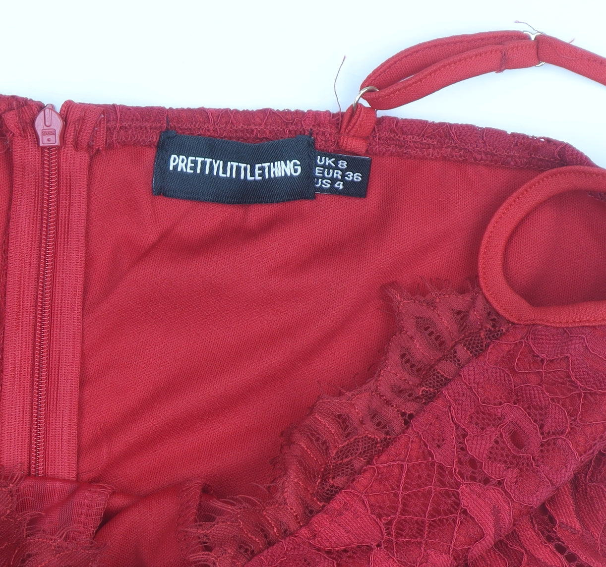 PrettyLittleThing Women's Red Lace Bodycon Dress Size 8