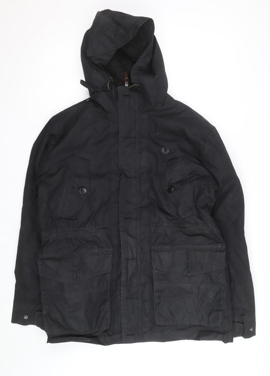 Fred Perry Men's Black Cotton Hooded Parka Jacket Size M