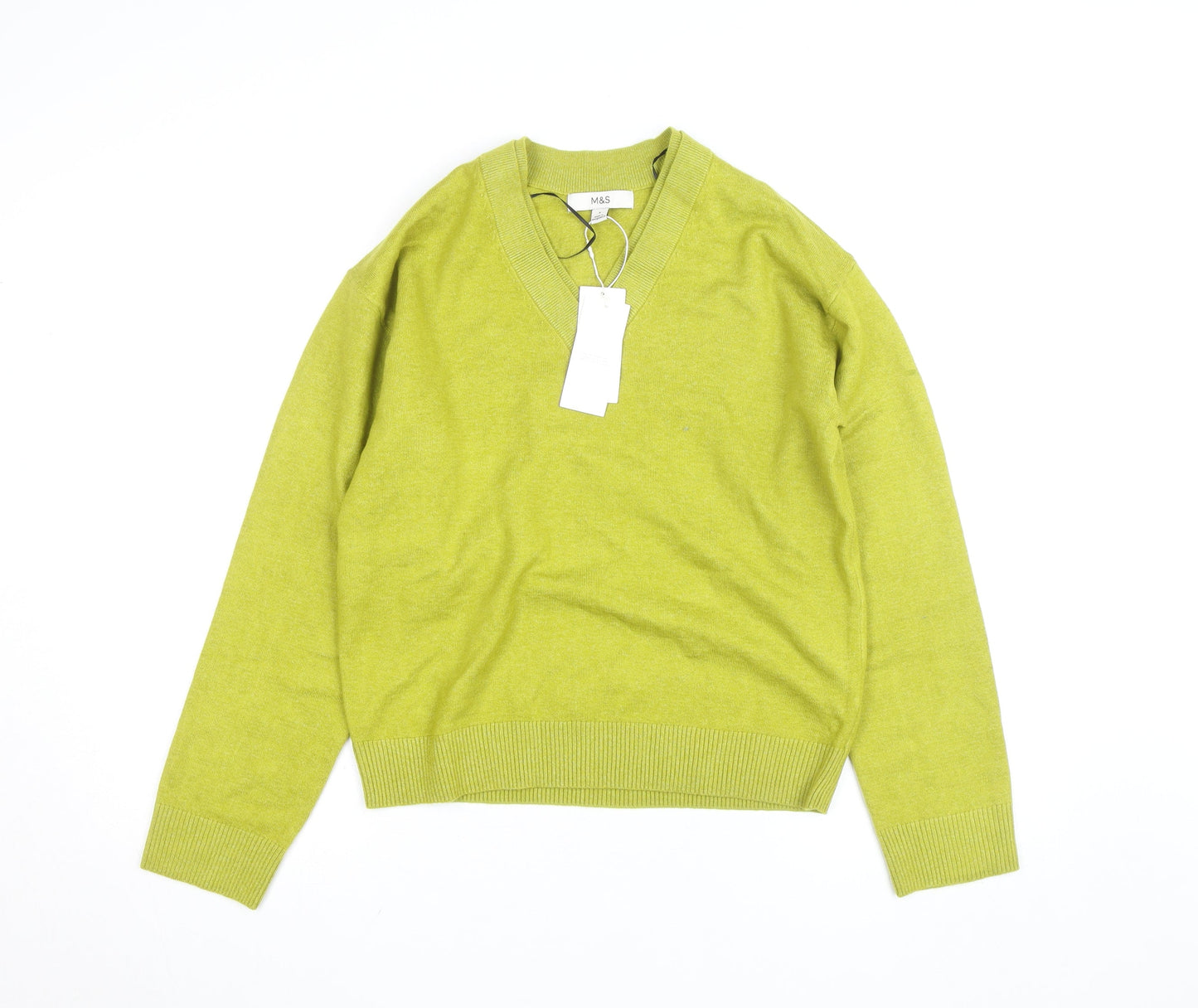 Marks and Spencer Women's Green V-Neck Cotton Blend Jumper Size S