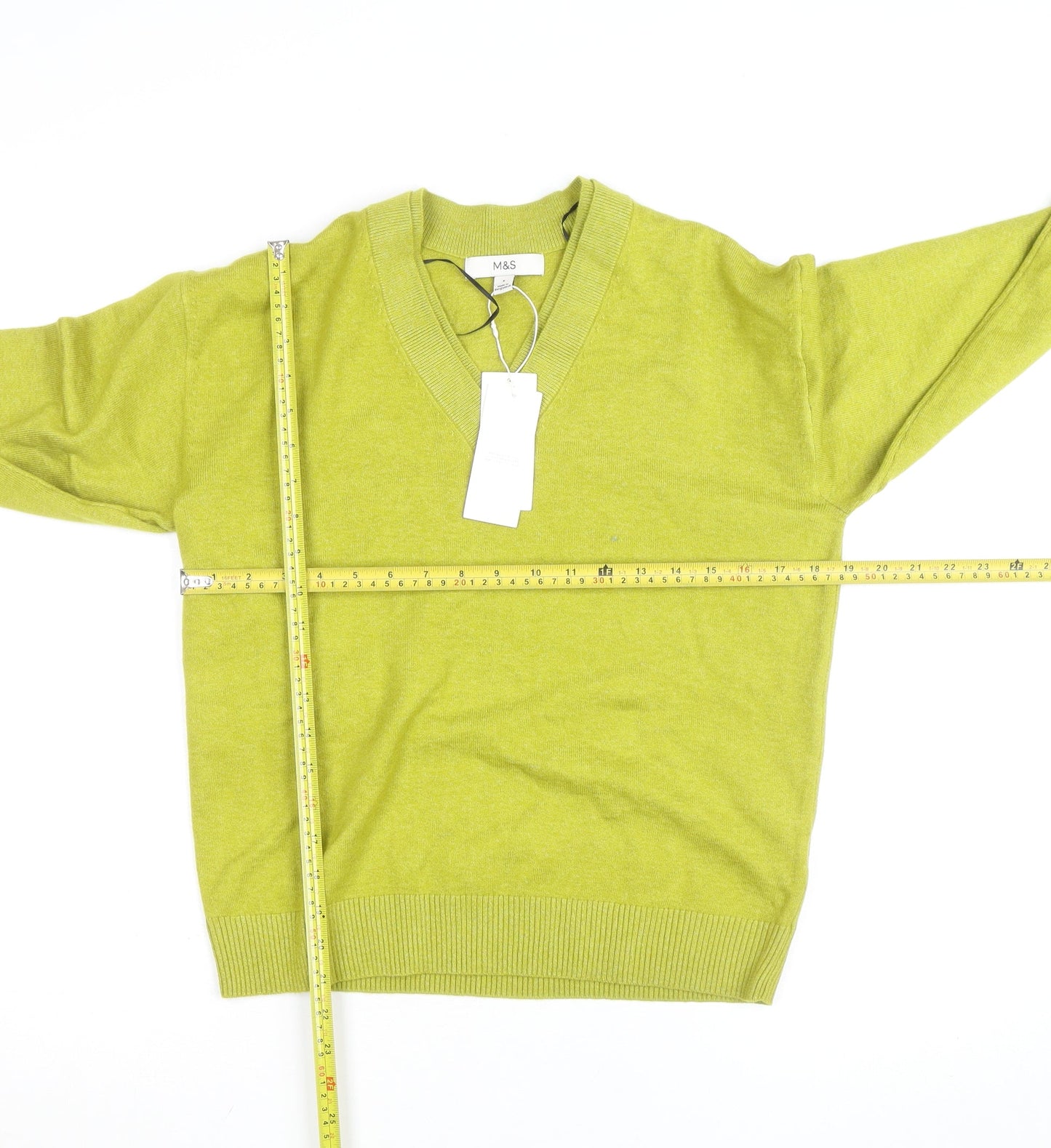 Marks and Spencer Women's Green V-Neck Cotton Blend Jumper Size S