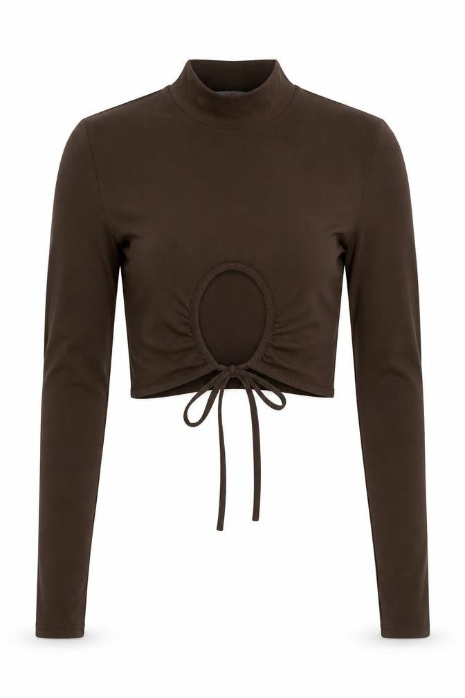 PRETTYLITTLETHING Women Brown Mock Neck Cropped Long Sleeve Top Size 8
