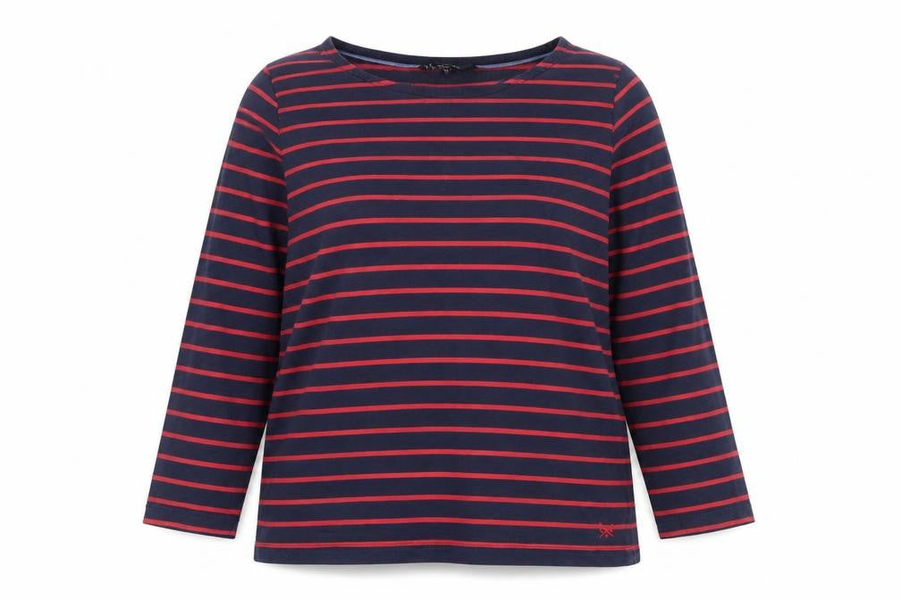 Front view of Crew Clothing Navy Red Striped 3/4 Sleeve Cotton T-Shirt, size 14