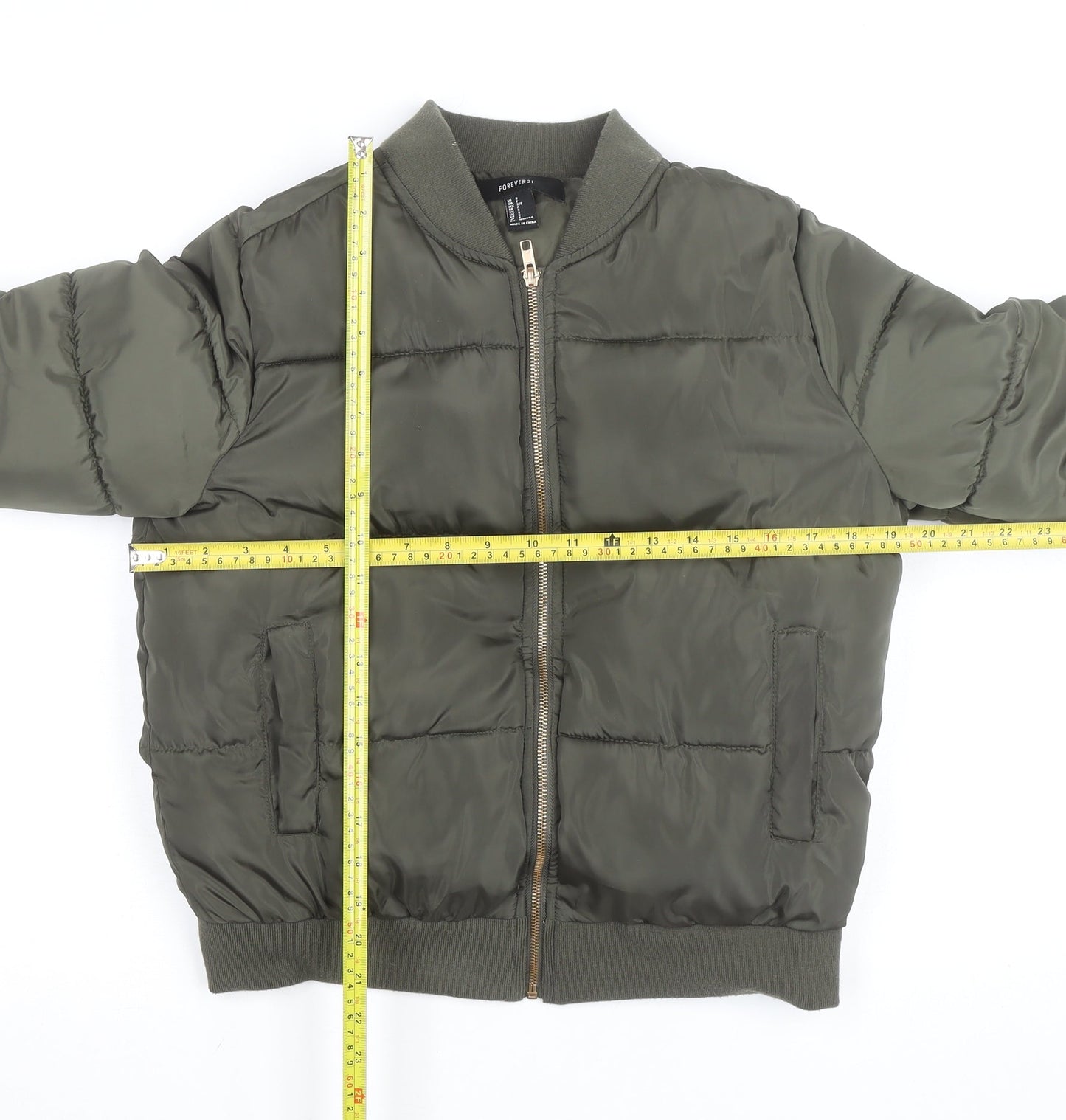 Forever 21 Women's Green Bomber Jacket Size S Casual Short Zip