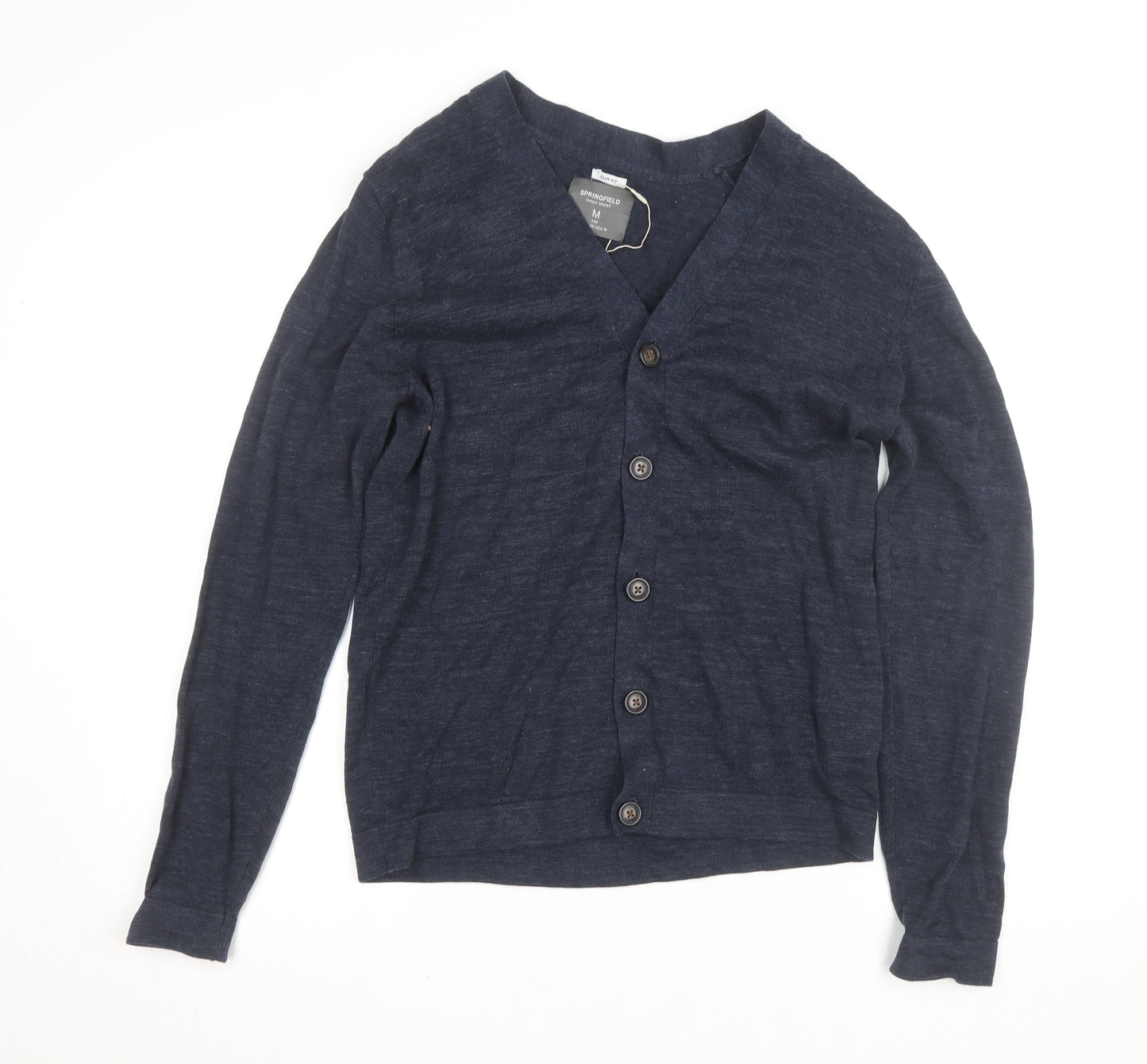 Springfield Men’s Blue Cotton Linen Cardigan M V-Neck Button Front