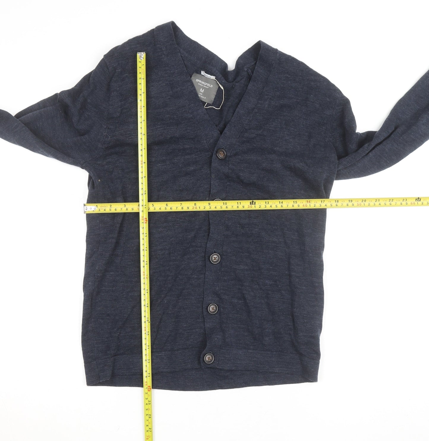 Springfield Men’s Blue Cotton Linen Cardigan M V-Neck Button Front