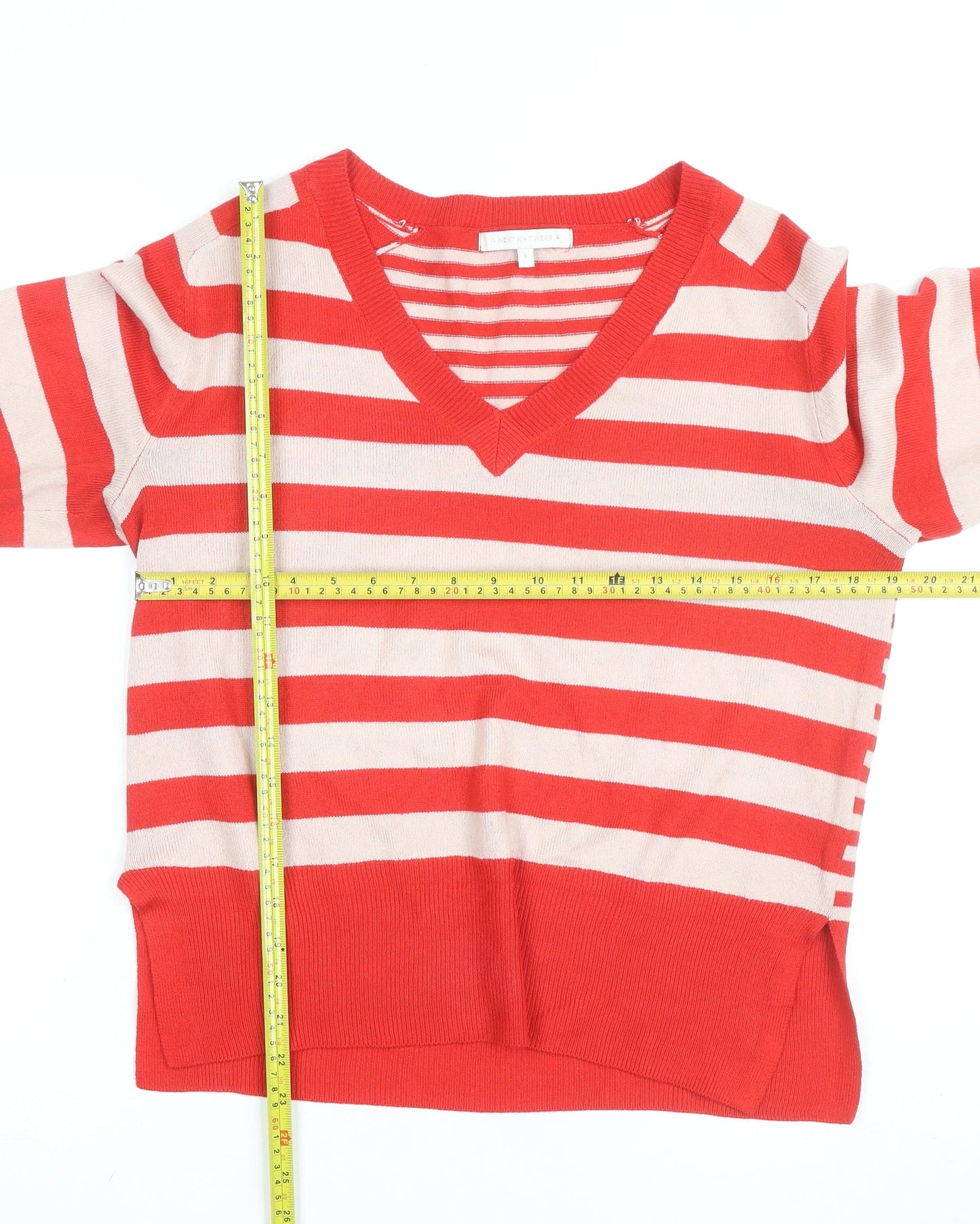 Next Womens Red Striped V-Neck Cotton Jumper Size S