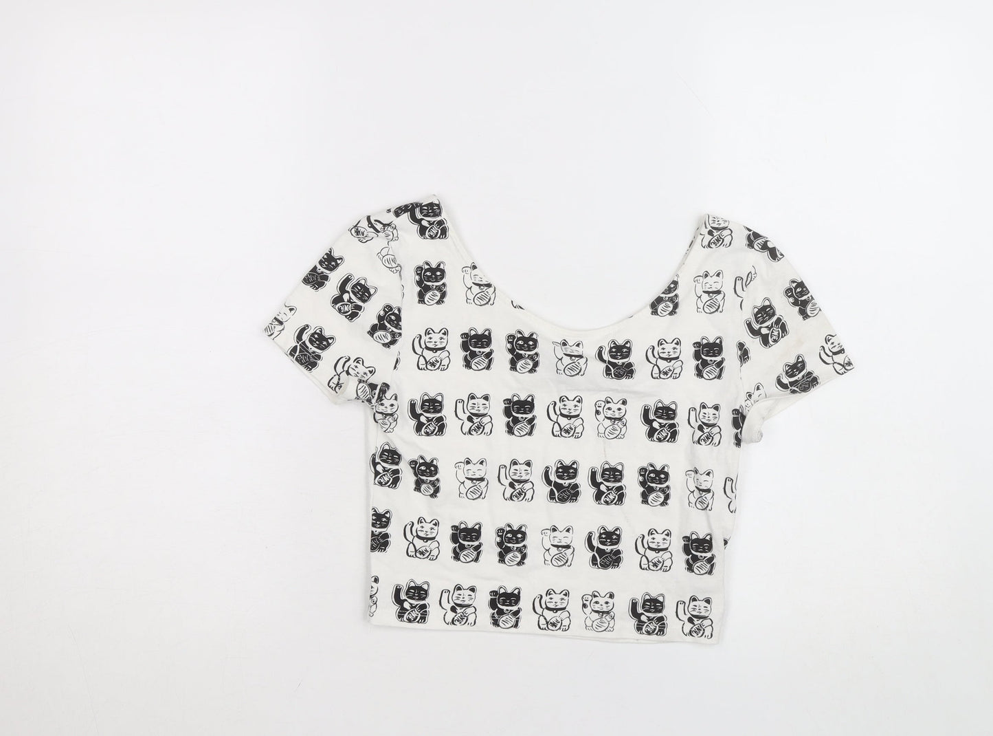 H&M Women’s White Cat Print Cropped T-Shirt Size 8
