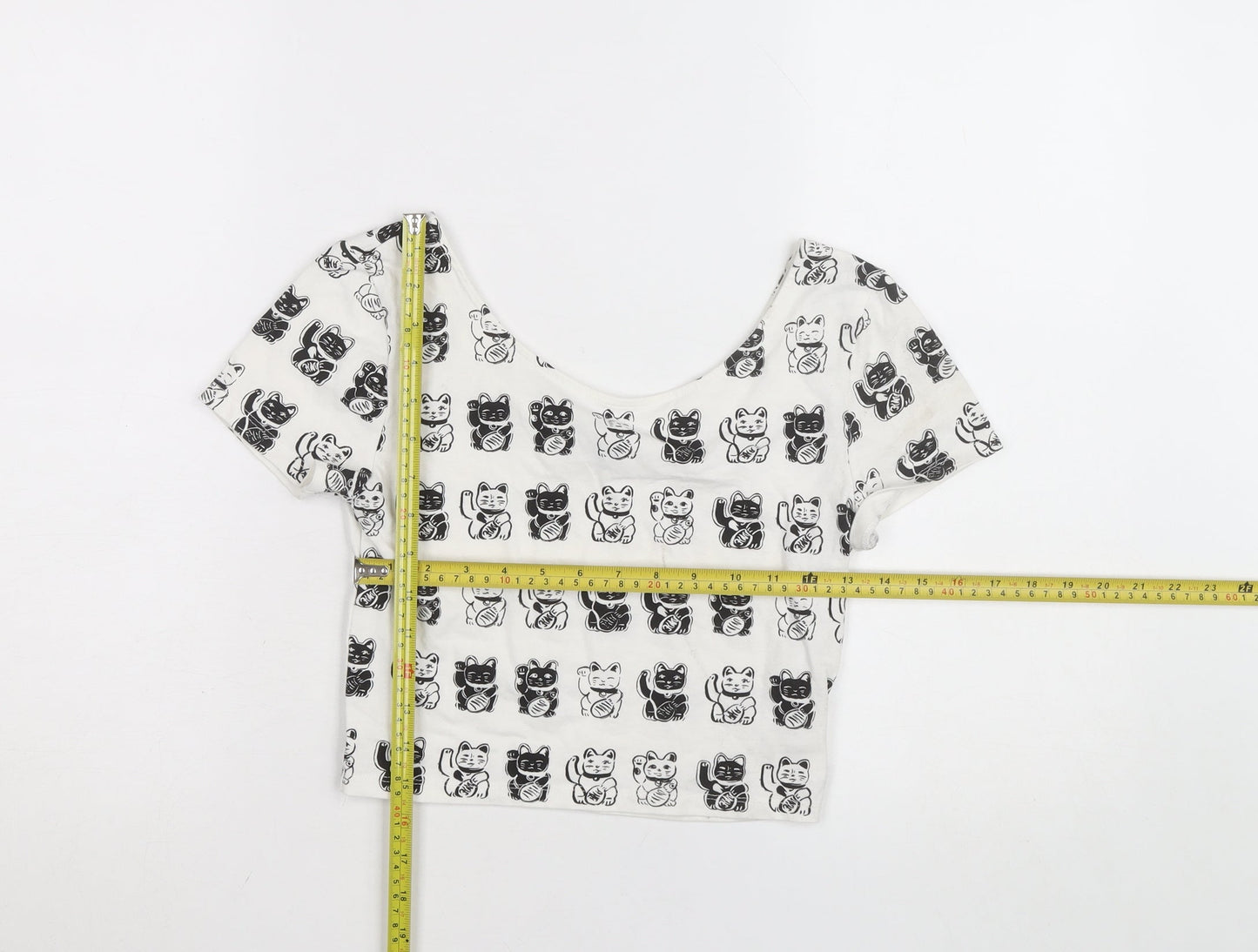 H&M Women’s White Cat Print Cropped T-Shirt Size 8