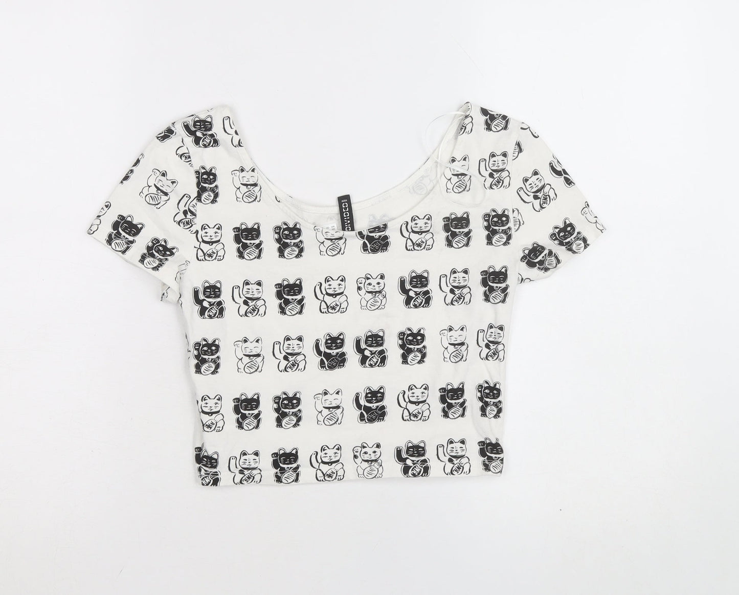 H&M Women’s White Cat Print Cropped T-Shirt Size 8