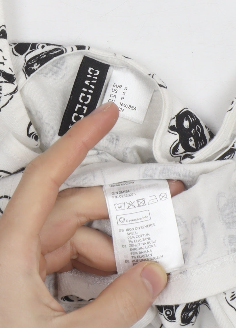 H&M Women’s White Cat Print Cropped T-Shirt Size 8