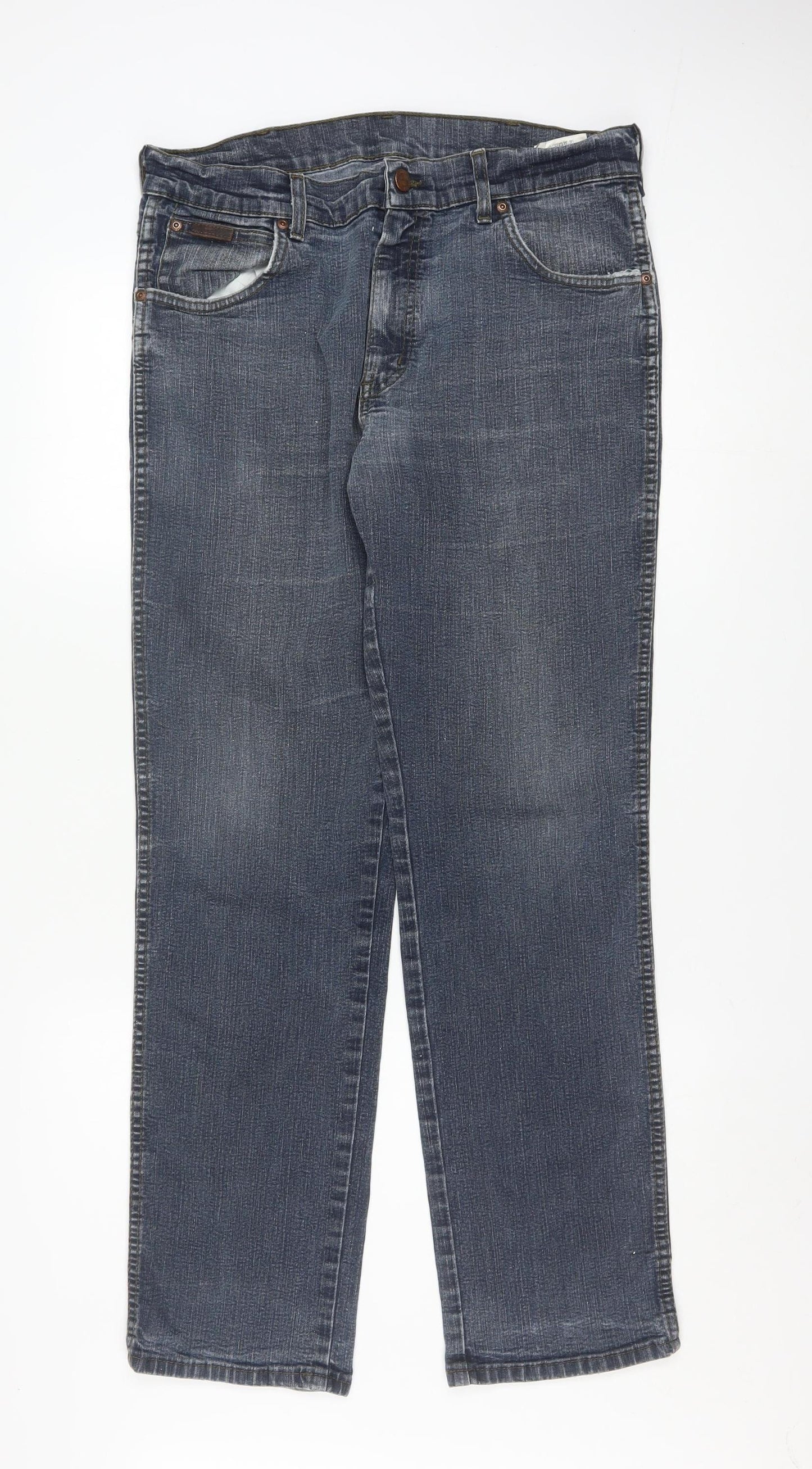 Wrangler Men's Blue Straight Jeans 36W 32L Regular Fit Denim