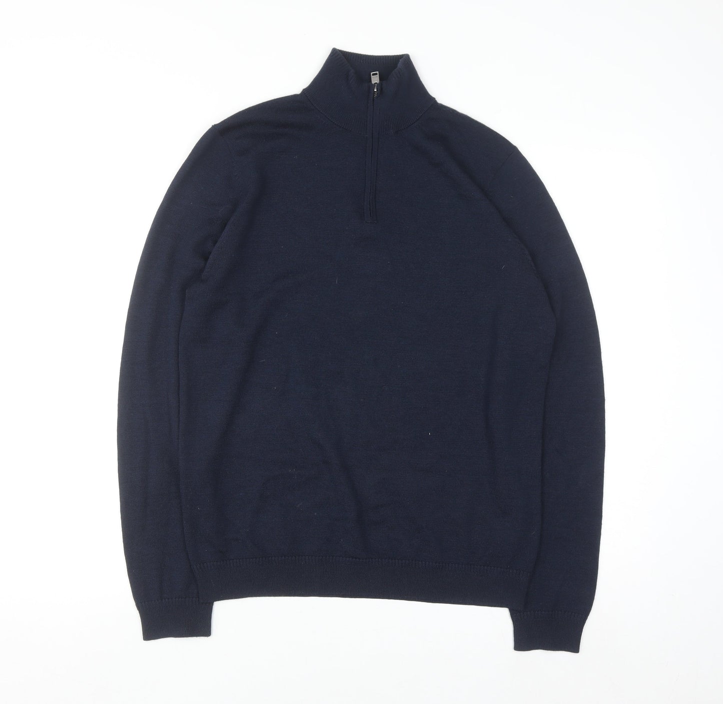 Jaeger Men's Blue Merino Wool Silk Half Zip High Neck Jumper Size S