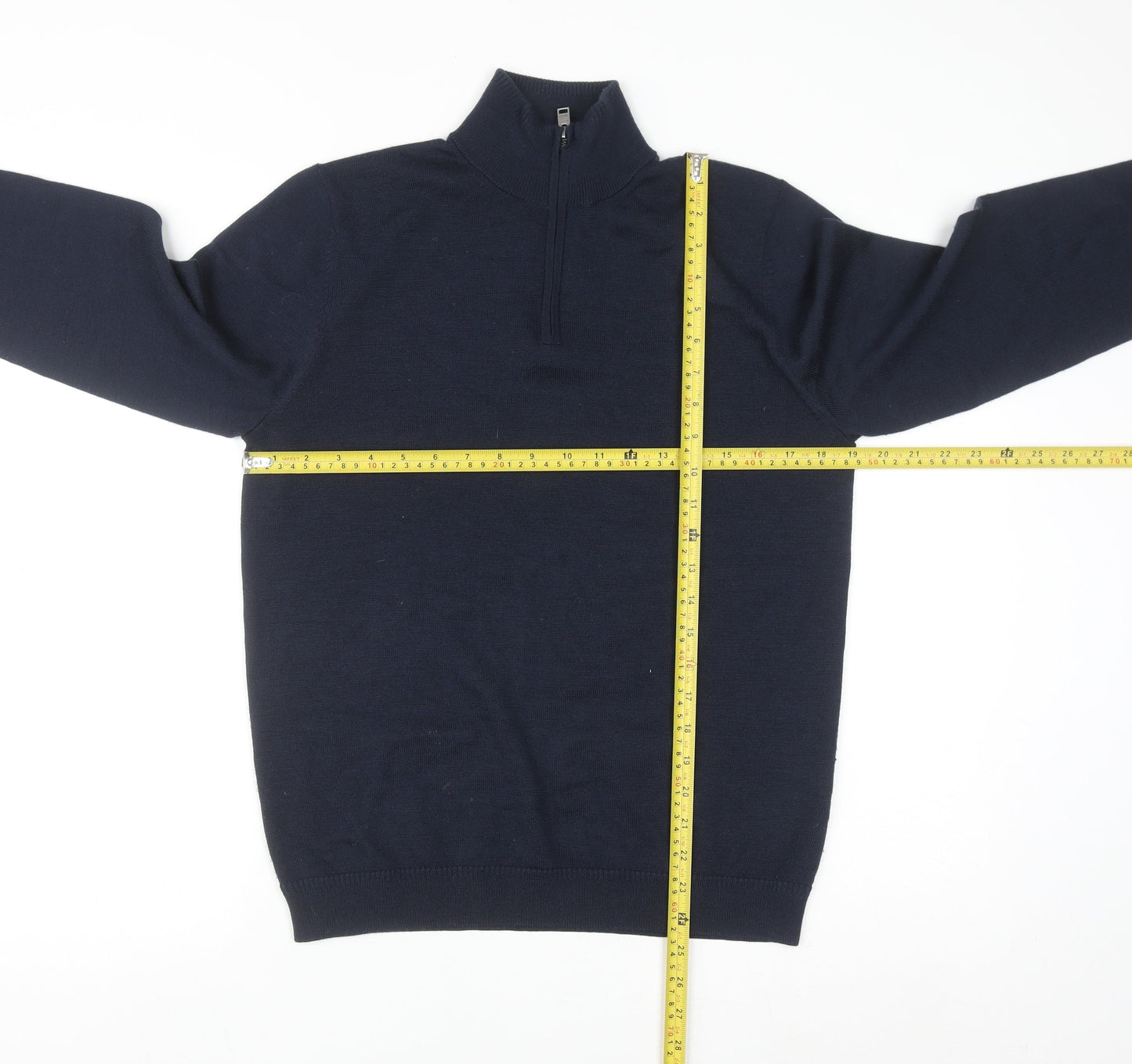 Jaeger Men's Blue Merino Wool Silk Half Zip High Neck Jumper Size S