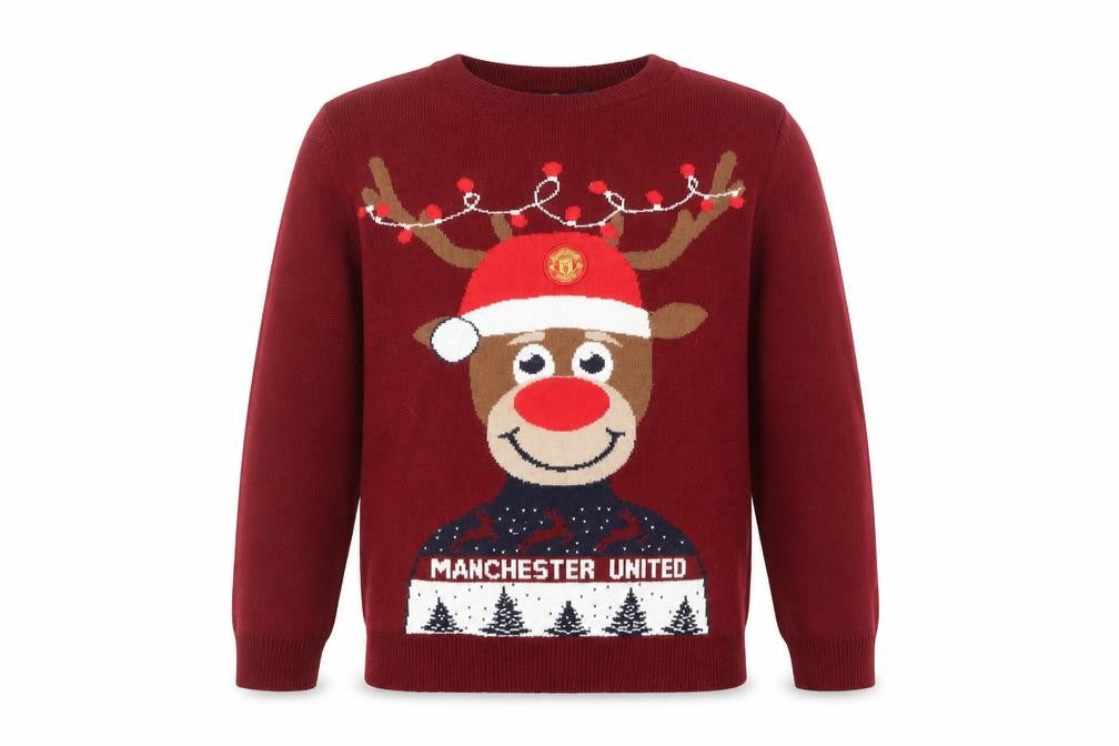 Front view of Manchester United boys’ red christmas reindeer crew neck jumper 12-13 years