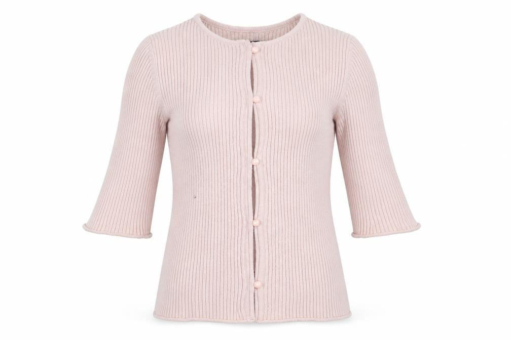 Front view of ASOS Women’s Pink Ribbed Knit 3/4 Sleeve Slim Cardigan, size UK 8