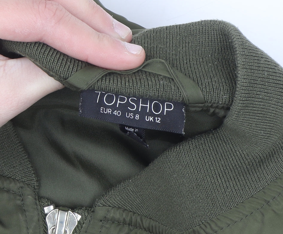 Topshop Women Green Size 12 Bomber Jacket Polyester Zip Casual
