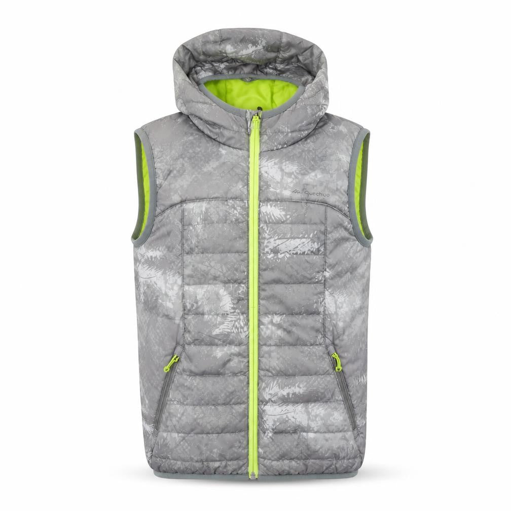 Front view of Decathlon boys’ grey hooded puffer bodywarmer 8 years lightweight outdoor vest