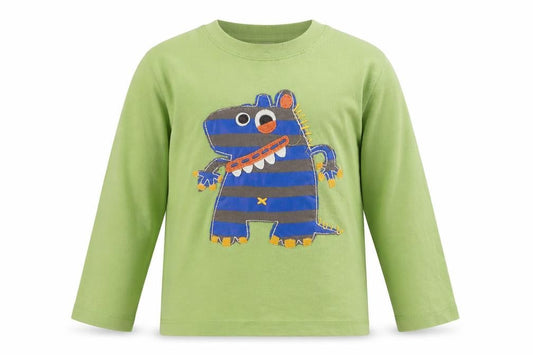 Mini Boden Boys Green Long Sleeve T-Shirt 5-6 Years Fun Monster Appliqué Cotton Top