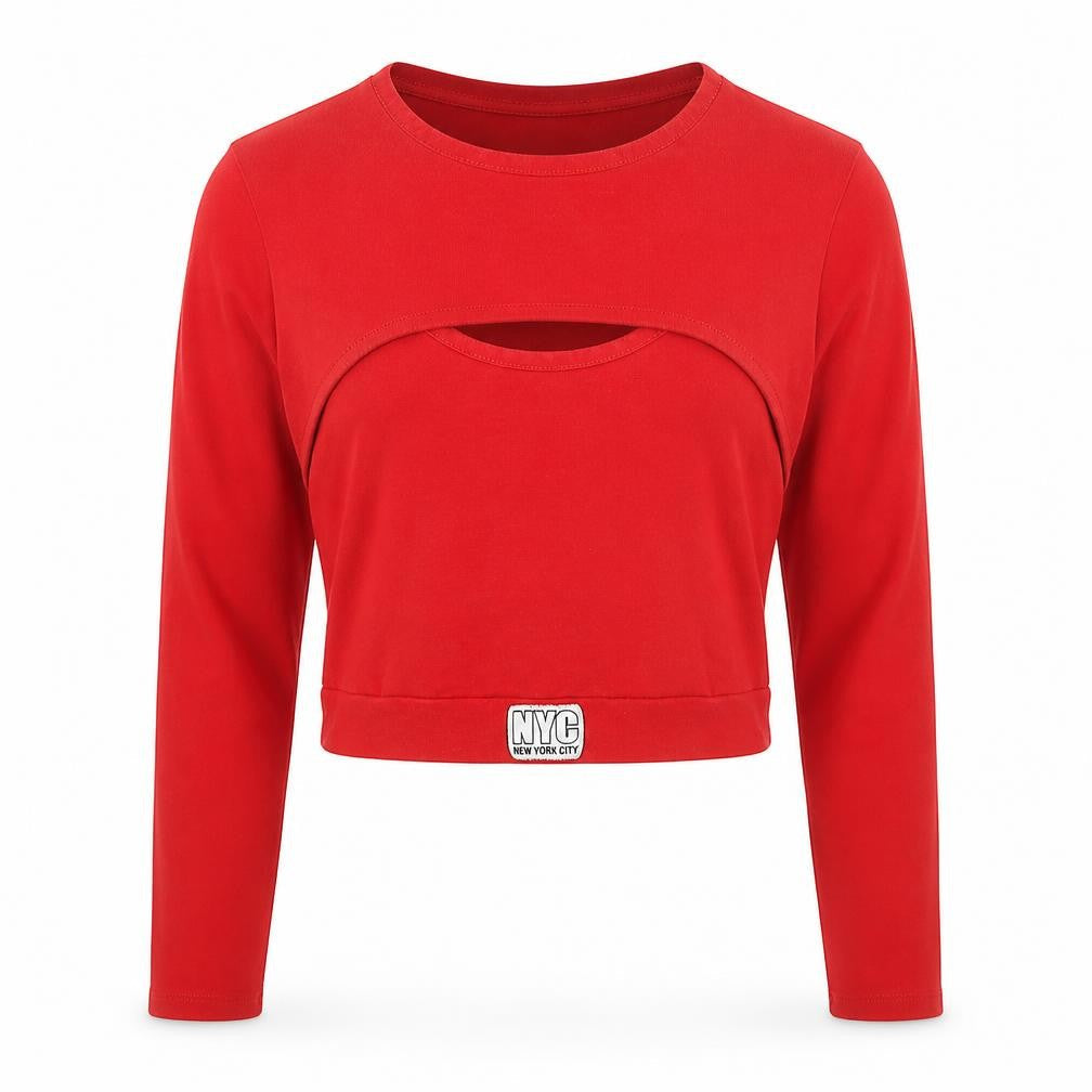 Bershka Women Red Cropped Long Sleeve Slim Fit T-Shirt M