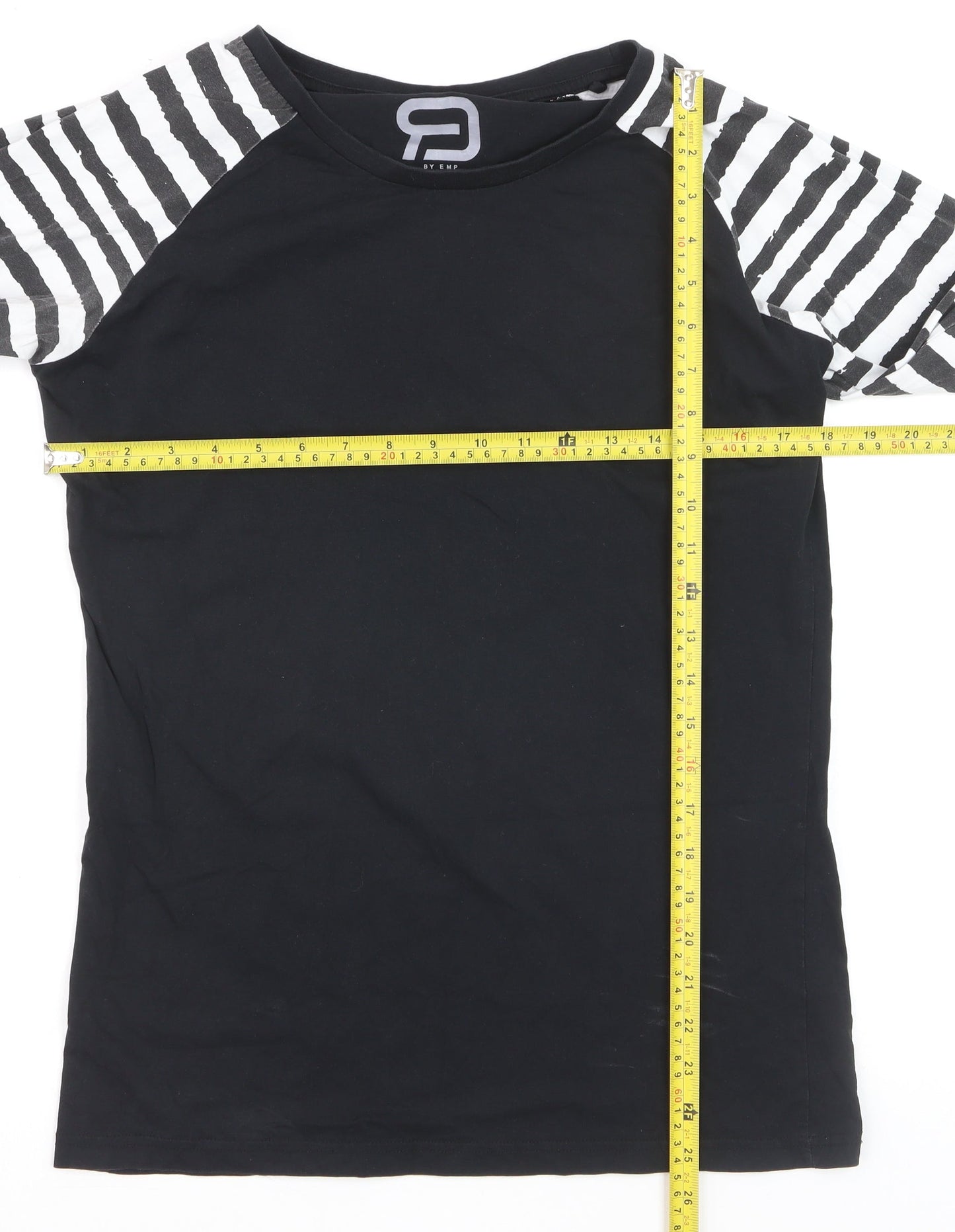 EMP Women Black Striped Raglan 3/4 Sleeve Cotton T-Shirt Size L
