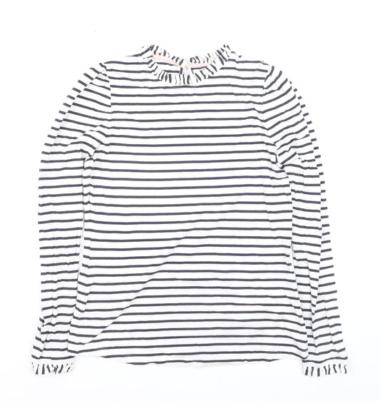 Boden Women’s White Striped Long Sleeve Cotton Ruffle Neck T-Shirt UK 8