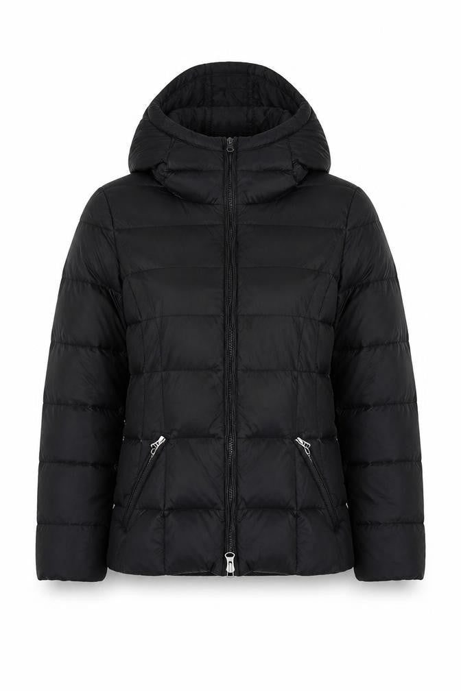 United Colors of Benetton Women's Black Down Puffer Jacket Size 16 Hooded Mid-Length