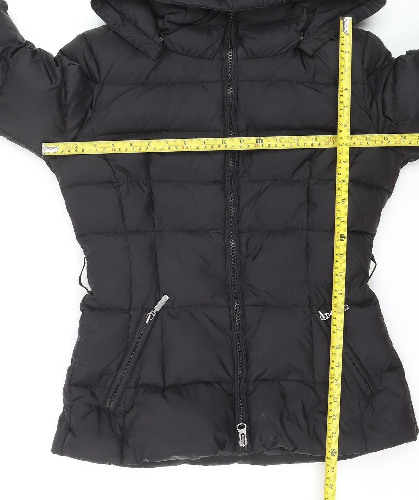 Benetton Women's Black Down Puffer Jacket Size 16 Hooded Mid-Length