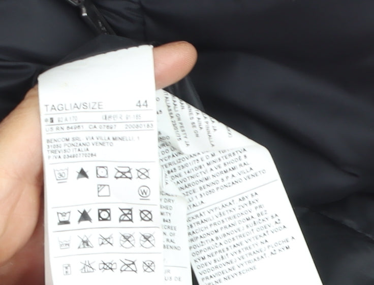 Benetton Women's Black Down Puffer Jacket Size 16 Hooded Mid-Length