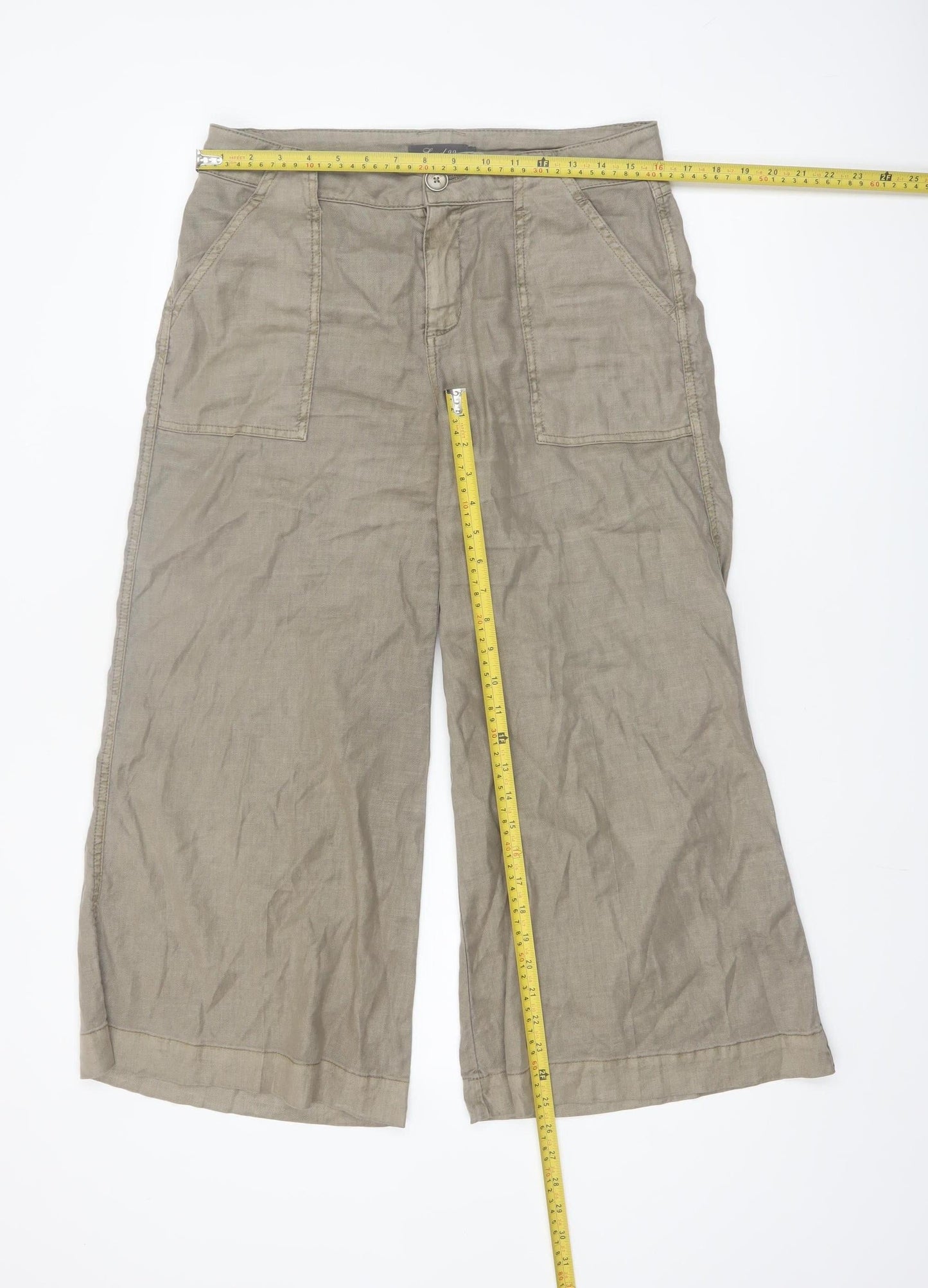 Level 99 Women’s Beige Linen Blend Wide-Leg Cropped Trousers Size 12