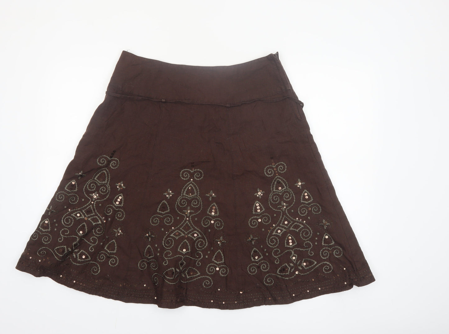 Next Womens Brown Linen Embroidered A-Line Skirt Size 14