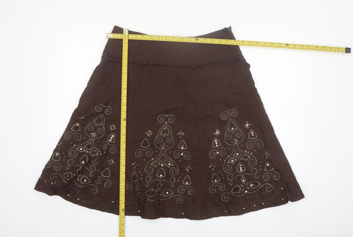 Next Womens Brown Linen Embroidered A-Line Skirt Size 14