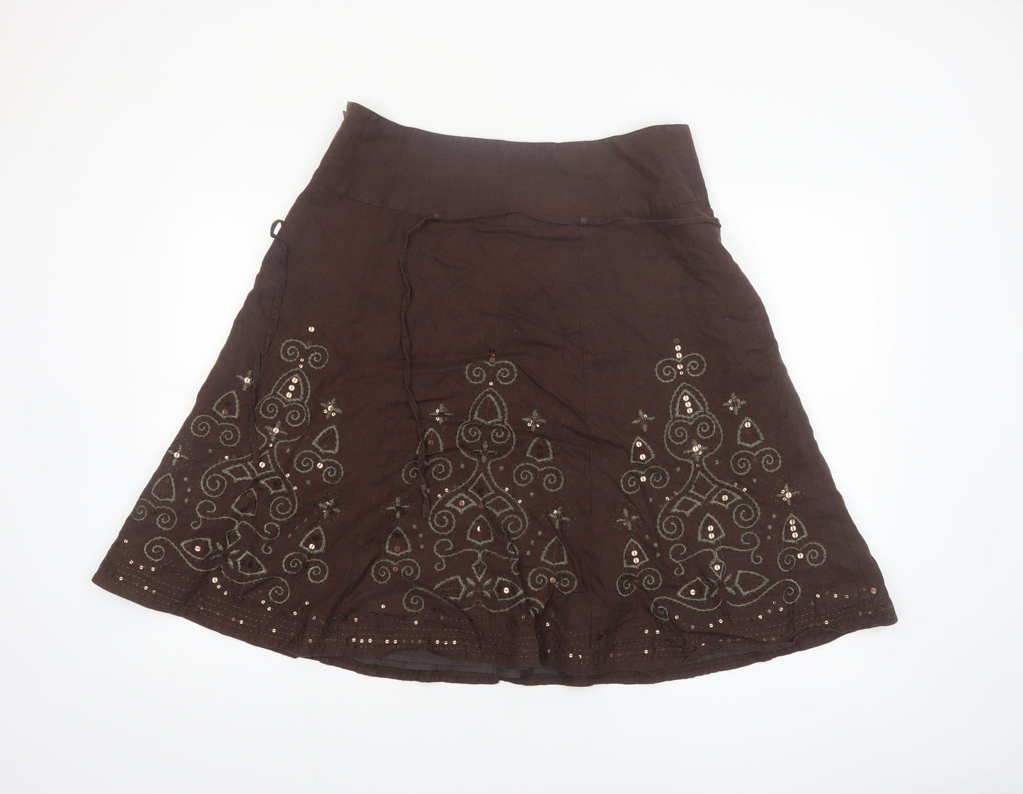 Next Womens Brown Linen Embroidered A-Line Skirt Size 14